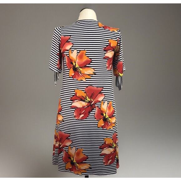 Perceptions Boho Dress Womens 8 Black Floral/Stripe Stretch Lightweight 3/4 SLV - Picture 6 of 10